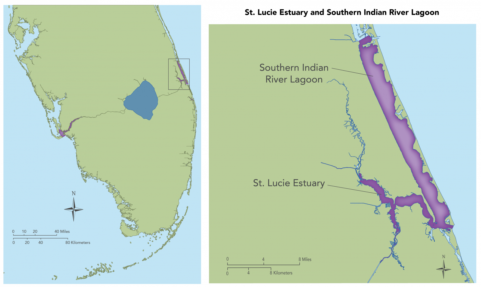 St Lucie Estuary and Southern Indian River Lagoon map showing an overview and a close up of the specific region